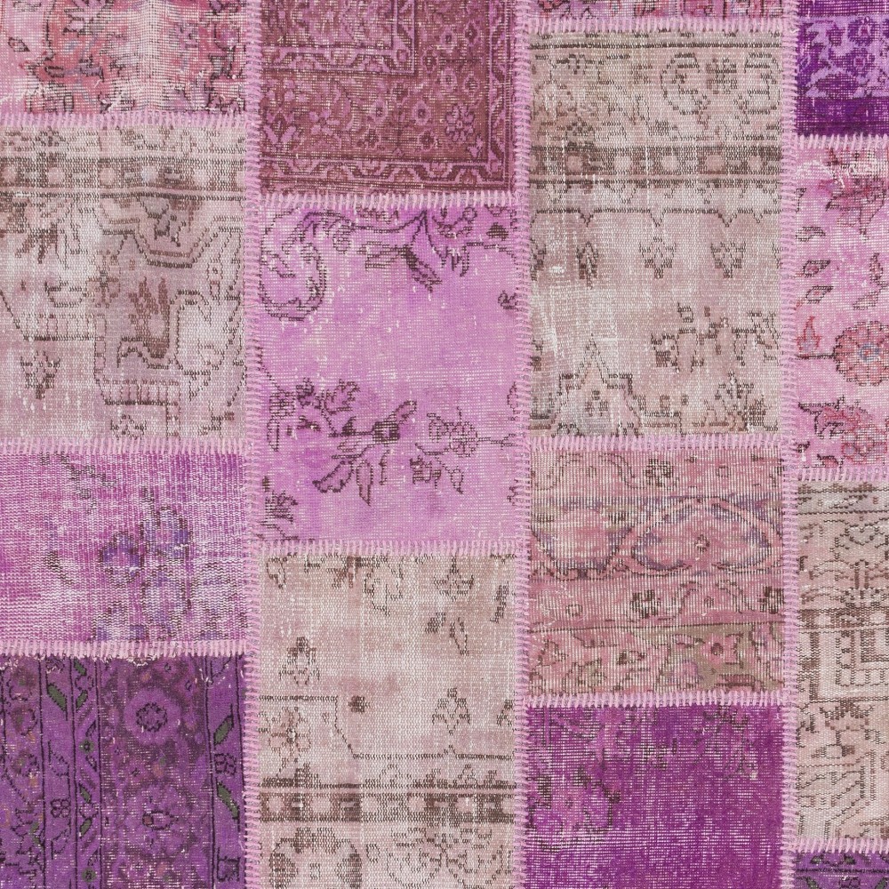 Hand-Knotted Pink and Purple Patchwork Rug for Living Room, Bedroom and Dining Room | Contemporary Overdyed Turkish Wool Carpet