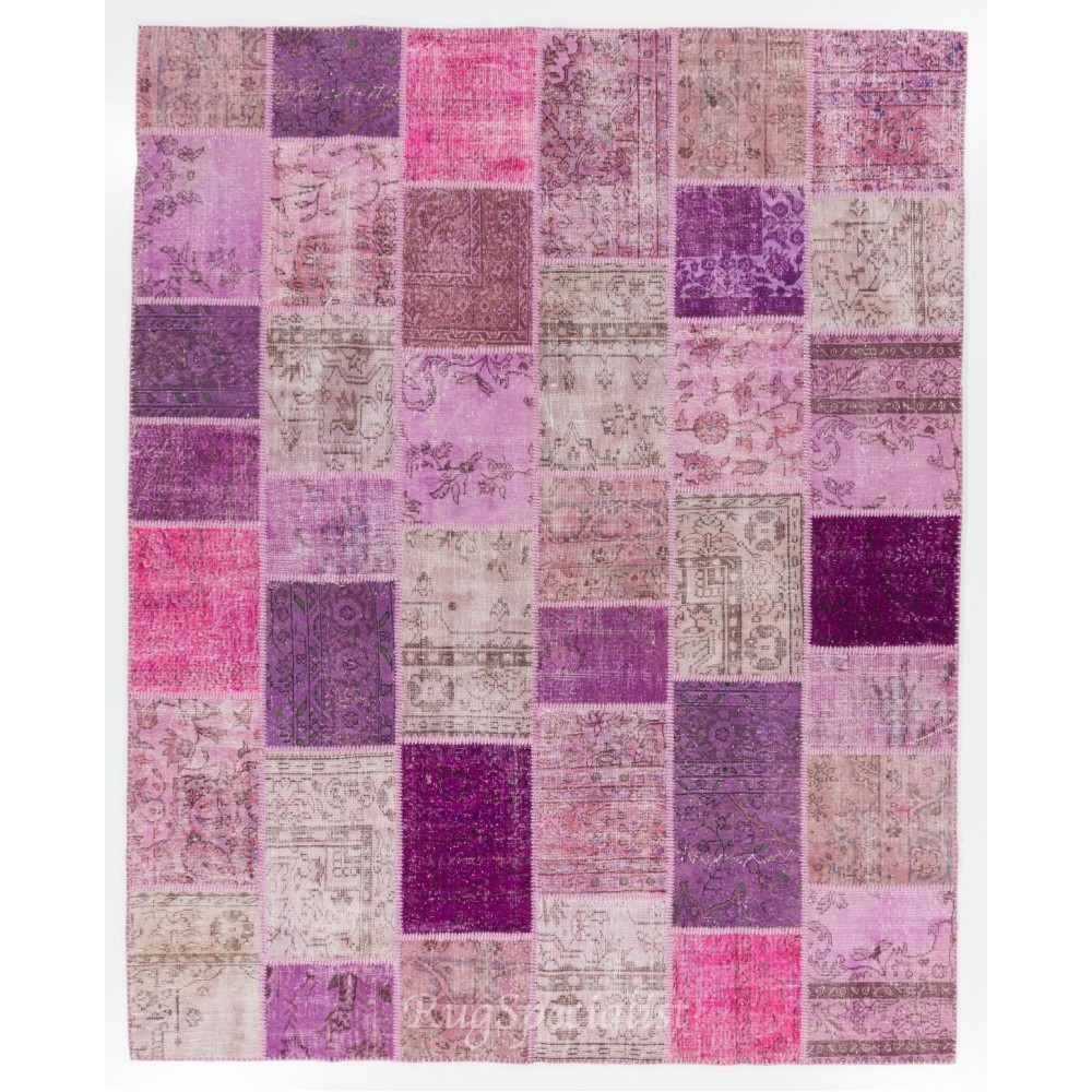 Handmade Patchwork Rug in Shades of Pink & Purple, Modern Turkish Carpet, Woolen Floor Covering