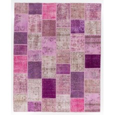 Handmade Patchwork Rug in Shades of Pink & Purple, Modern Turkish Carpet, Woolen Floor Covering