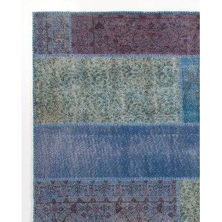 Hand-Knotted Blue Patchwork Rug for Living Room, Bedroom and Dining Room | Contemporary Overdyed Turkish Wool Carpet