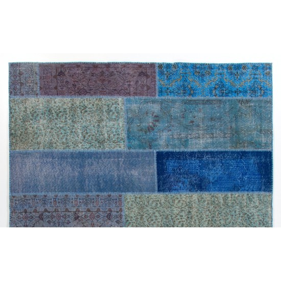 Shades of Blue Central Anatolian Handmade Patchwork Rug, Contemporary Wool Carpet