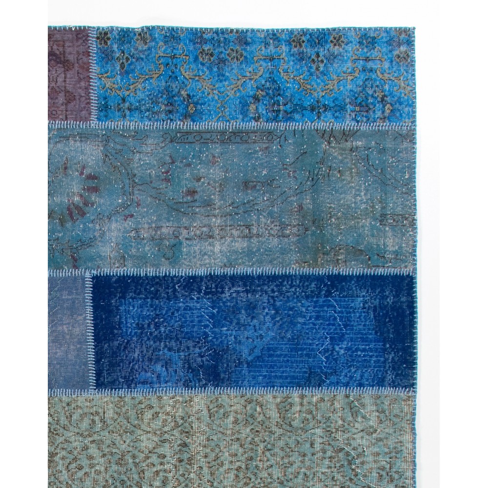 Hand-Knotted Blue Patchwork Rug for Living Room, Bedroom and Dining Room | Contemporary Overdyed Turkish Wool Carpet