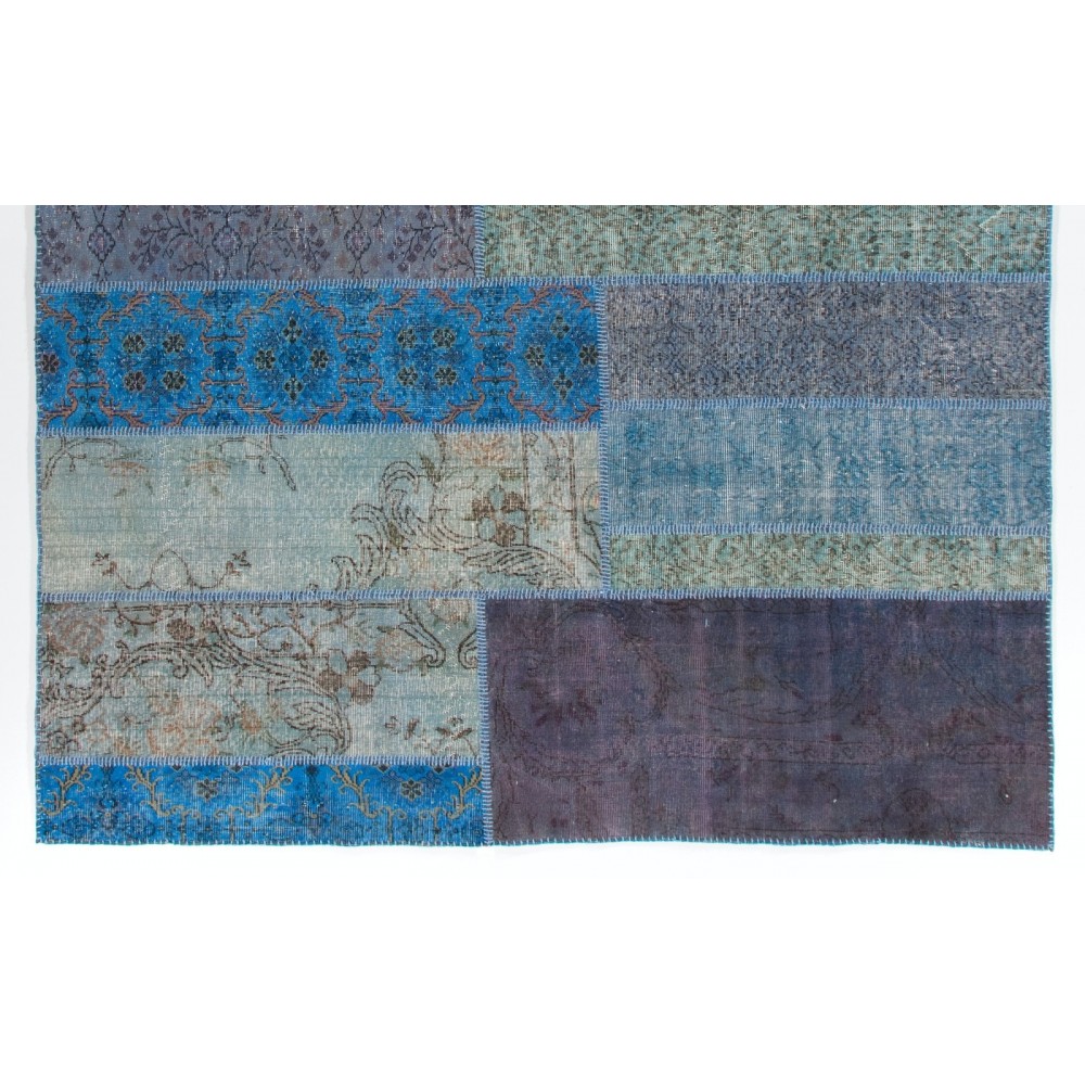 Shades of Blue Central Anatolian Handmade Patchwork Rug, Contemporary Wool Carpet