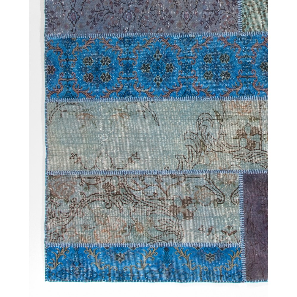 Hand-Knotted Blue Patchwork Rug for Living Room, Bedroom and Dining Room | Contemporary Overdyed Turkish Wool Carpet