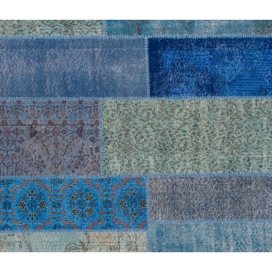 Shades of Blue Central Anatolian Handmade Patchwork Rug, Contemporary Wool Carpet