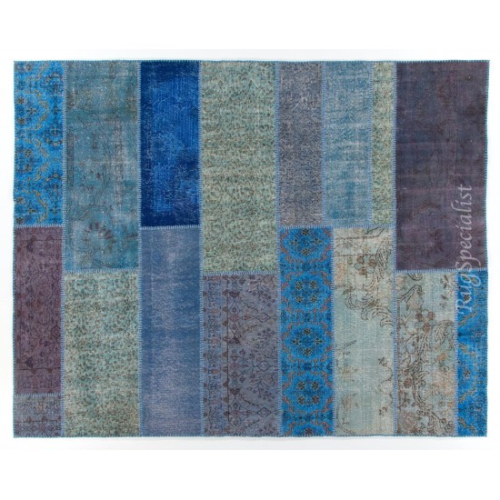 Shades of Blue Central Anatolian Handmade Patchwork Rug, Contemporary Wool Carpet