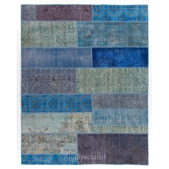 Shades of Blue Central Anatolian Handmade Patchwork Rug, Contemporary Wool Carpet