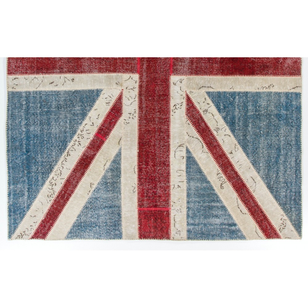 Union Jack British Flag Design Patchwork Rug Made from Re-Dyed Vintage Carpets