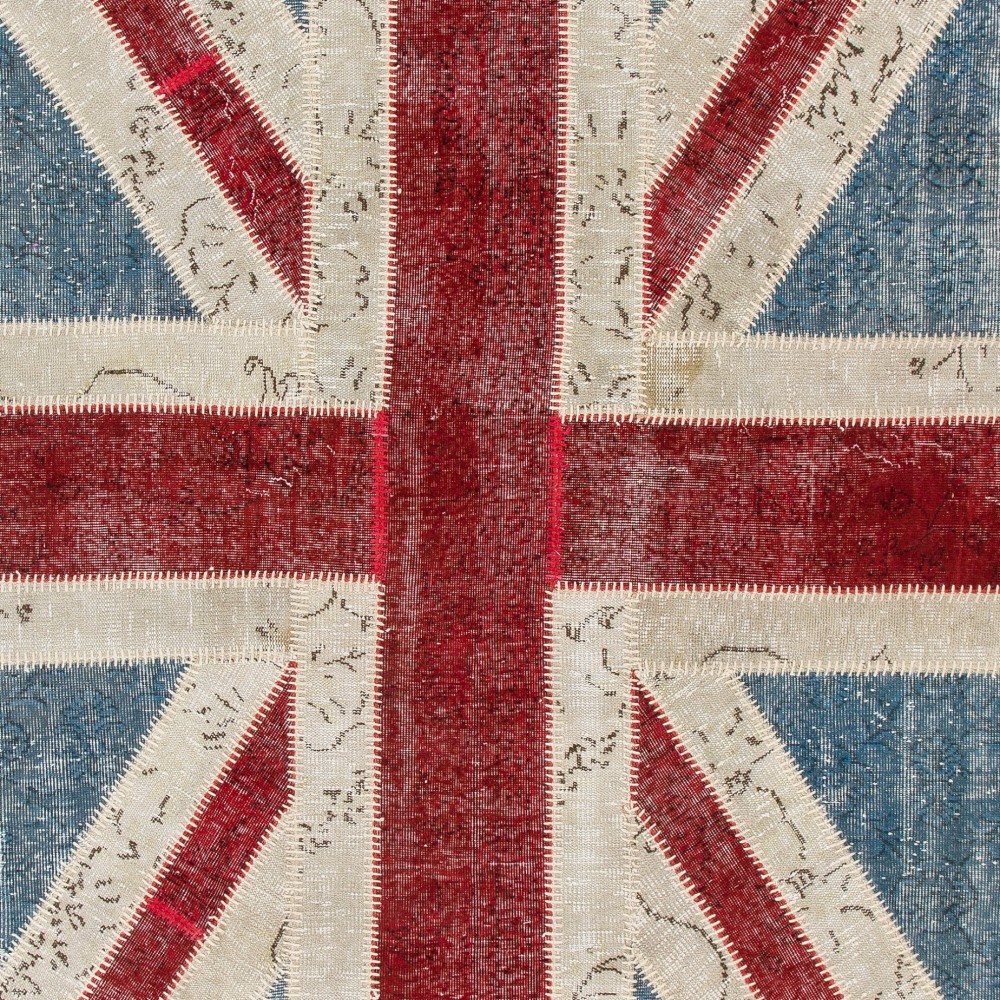Union Jack British Flag Design Patchwork Rug | Vintage Hand-Knotted United Kingdom Flag Pattern Blue Carpet Union Jack British Flag Design Patchwork Rug | Vintage Hand-Knotted United Kingdom Flag Pattern Blue Carpet