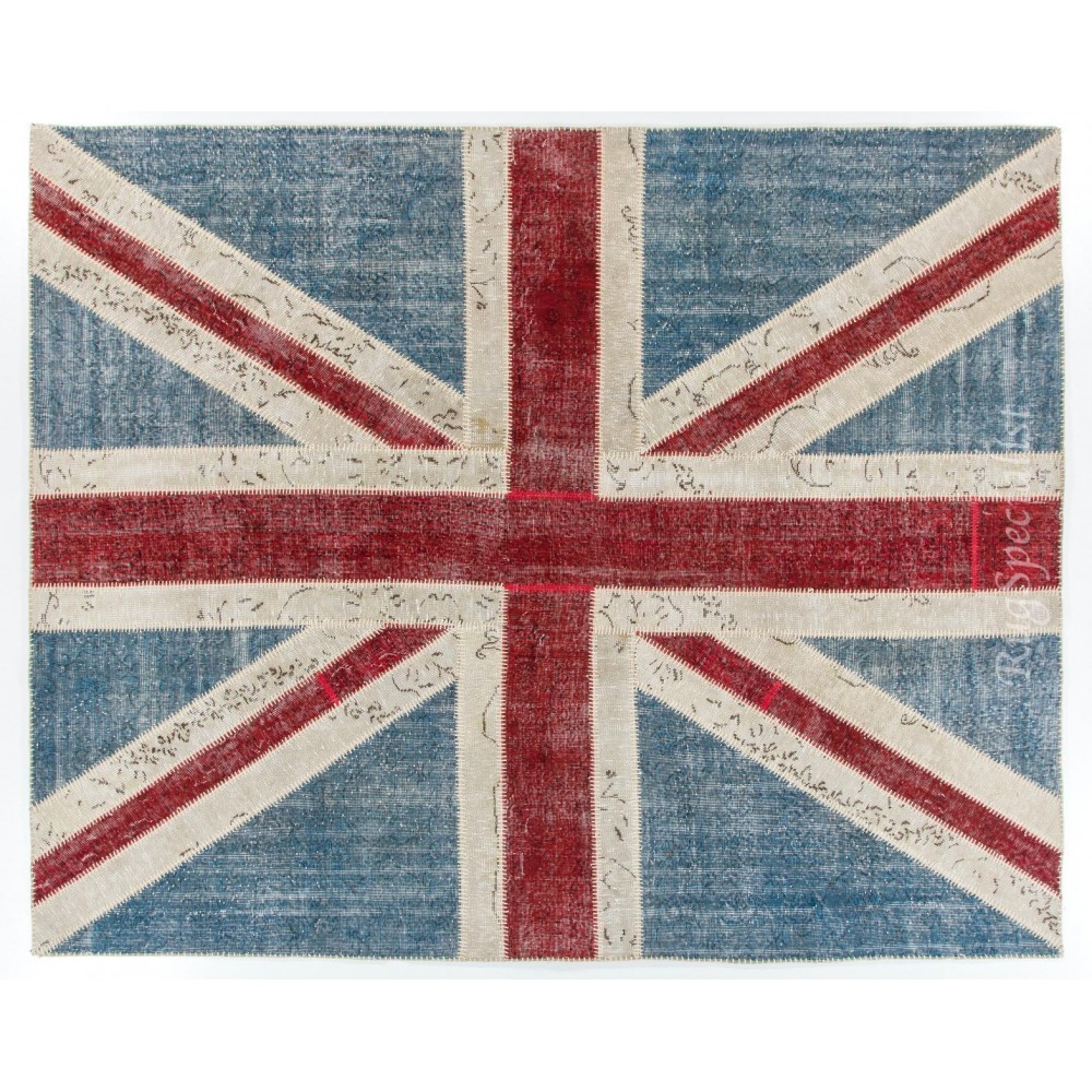 Union Jack British Flag Design Patchwork Rug Made from Re-Dyed Vintage Carpets
