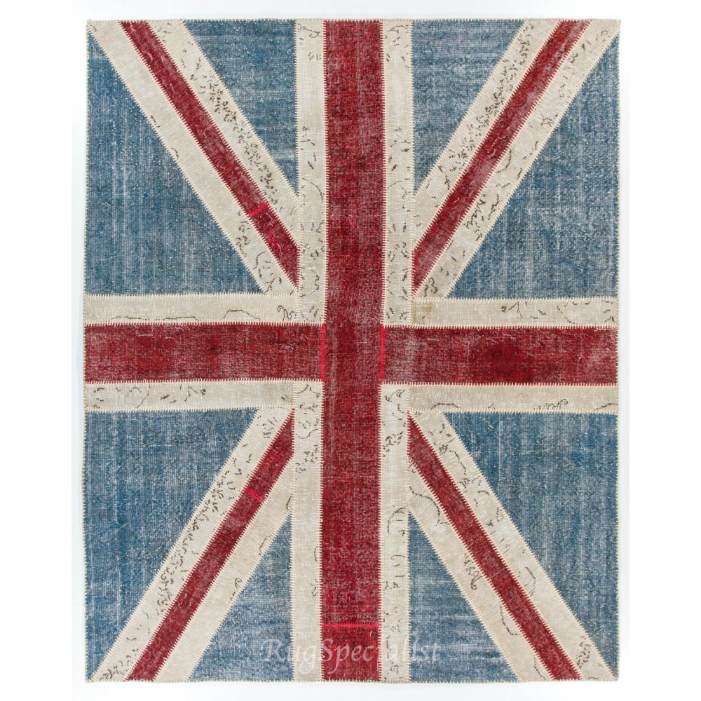 Union Jack British Flag Design Patchwork Rug Made from Re-Dyed Vintage Carpets