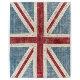 Union Jack British Flag Design Patchwork Rug Made from Re-Dyed Vintage Carpets
