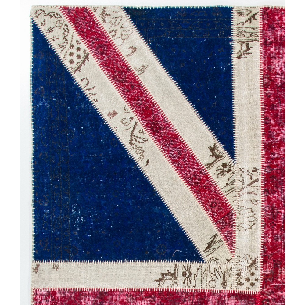 Union Jack British Flag Design Patchwork Rug | Vintage Hand-Knotted United Kingdom Flag Pattern Blue Carpet