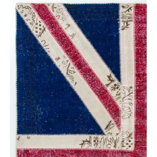 Union Jack British Flag Design Patchwork Rug | Vintage Hand-Knotted United Kingdom Flag Pattern Blue Carpet Union Jack British Flag Design Patchwork Rug | Vintage Hand-Knotted United Kingdom Flag Pattern Blue Carpet