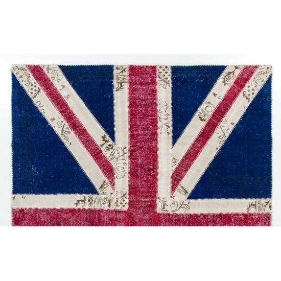 Union Jack British Flag Design Patchwork Rug Made from Re-Dyed Vintage Carpets