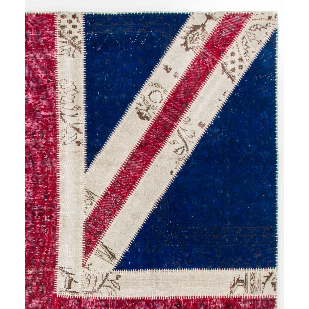 Union Jack British Flag Design Patchwork Rug | Vintage Hand-Knotted United Kingdom Flag Pattern Blue Carpet