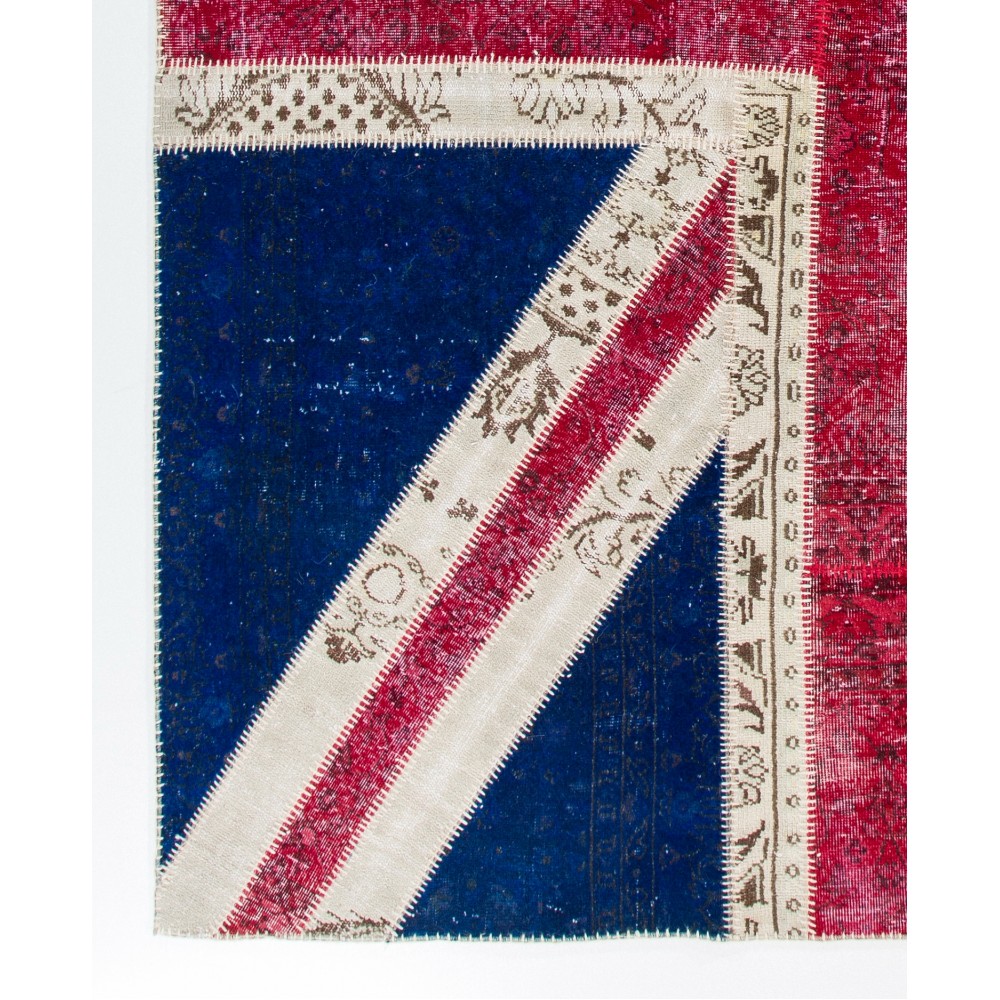 Union Jack British Flag Design Patchwork Rug | Vintage Hand-Knotted United Kingdom Flag Pattern Blue Carpet