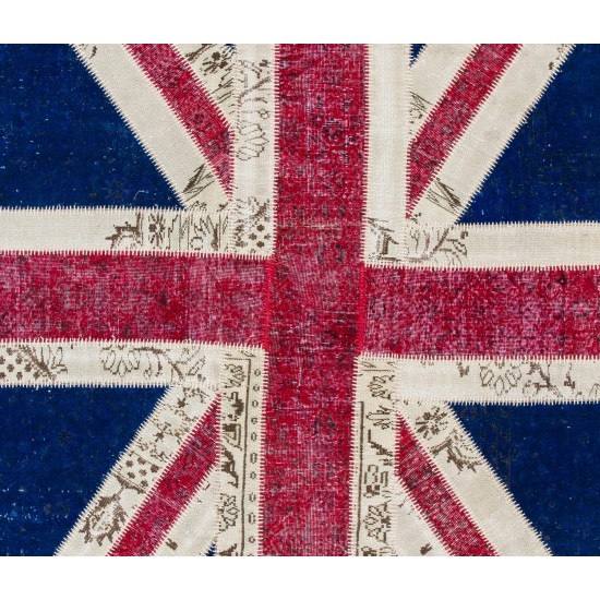 Union Jack British Flag Design Patchwork Rug Made from Re-Dyed Vintage Carpets