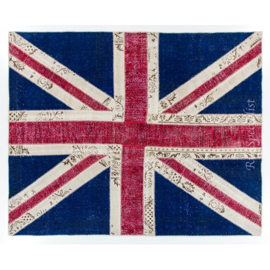Union Jack British Flag Design Patchwork Rug Made from Re-Dyed Vintage Carpets Union Jack British Flag Design Patchwork Rug Made from Re-Dyed Vintage Carpets