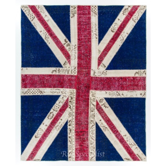 Union Jack British Flag Design Patchwork Rug Made from Re-Dyed Vintage Carpets Union Jack British Flag Design Patchwork Rug Made from Re-Dyed Vintage Carpets