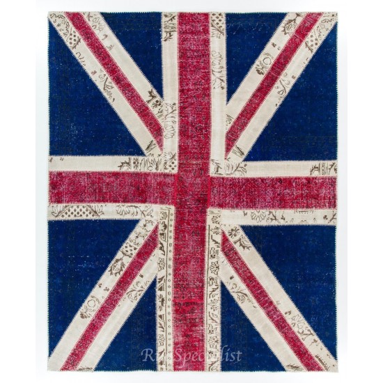 Union Jack British Flag Design Patchwork Rug Made from Re-Dyed Vintage Carpets