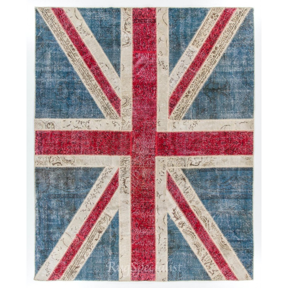 Union Jack British Flag Design Rug. Contemporary Handmade Patchwork Area Rug in Blue, Red and Cream. United Kingdom Carpet