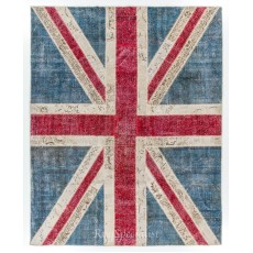 Union Jack British Flag Design Rug. Contemporary Handmade Patchwork Area Rug in Blue, Red and Cream. United Kingdom Carpet