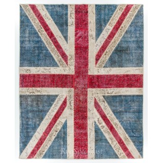 Union Jack British Flag Design Rug. Contemporary Handmade Patchwork Area Rug in Blue, Red and Cream. United Kingdom Carpet