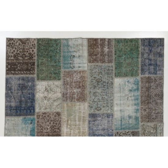 Distressed Look Modern Patchwork Rug. Colorful Handmade Turkish Carpet for Kitchen, Bedroom and Living Room Deco