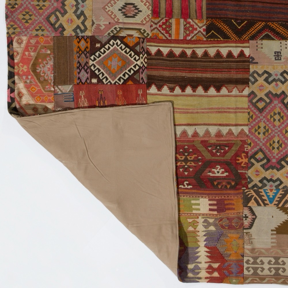 Vintage Hand-woven Turkish Patchwork Kilim | Flat-Weave Geometric & Striped Patterned Patchwork Rug Vintage Hand-woven Turkish Patchwork Kilim | Flat-Weave Geometric & Striped Patterned Patchwork Rug