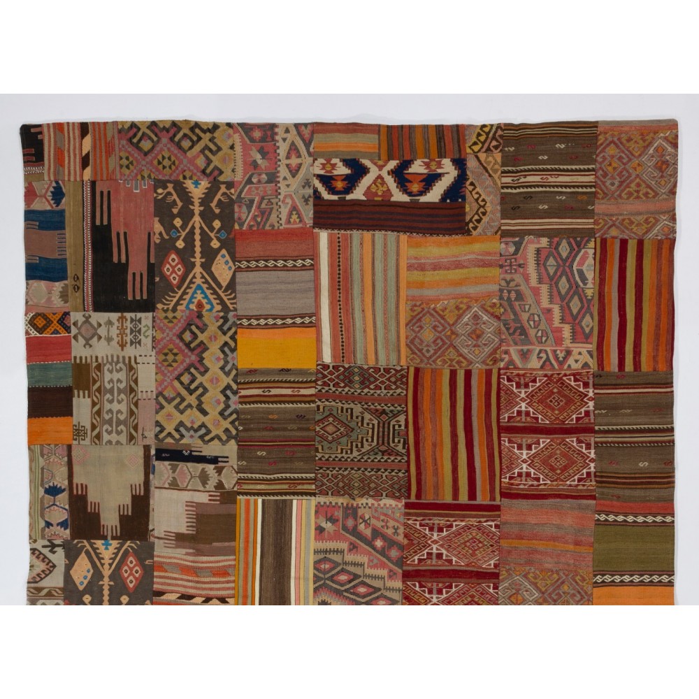 Handmade Turkish Patchwork Kilim Rug. Geometric & Striped Patterned Carpet (Flat-Weave)