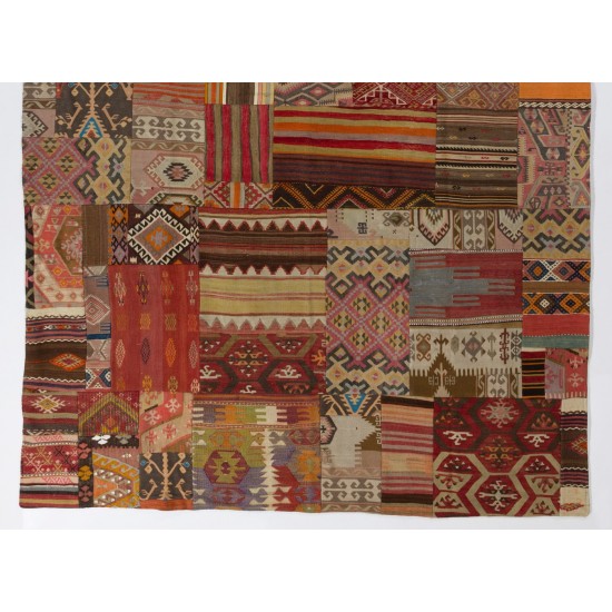 Handmade Central Anatolian Patchwork Kilim. Unique Design Rug. Geometric & Striped Pattern Carpet (Flat-Weave