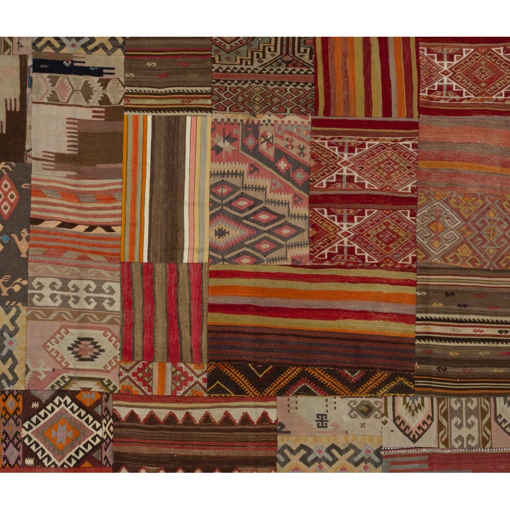 Handmade Turkish Patchwork Kilim Rug. Geometric & Striped Patterned Carpet (Flat-Weave)