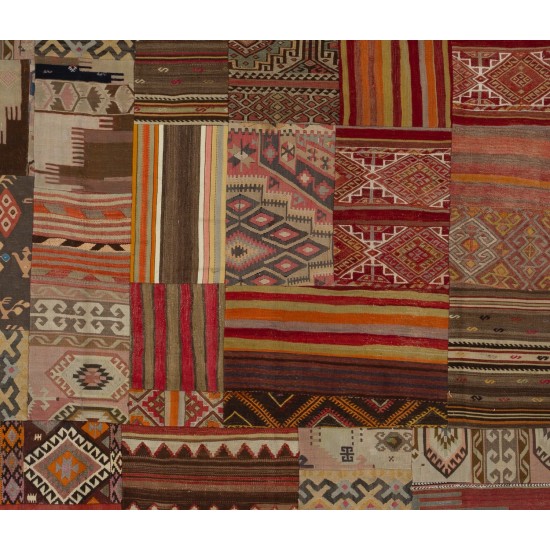 Handmade Central Anatolian Patchwork Kilim. Unique Design Rug. Geometric & Striped Pattern Carpet (Flat-Weave