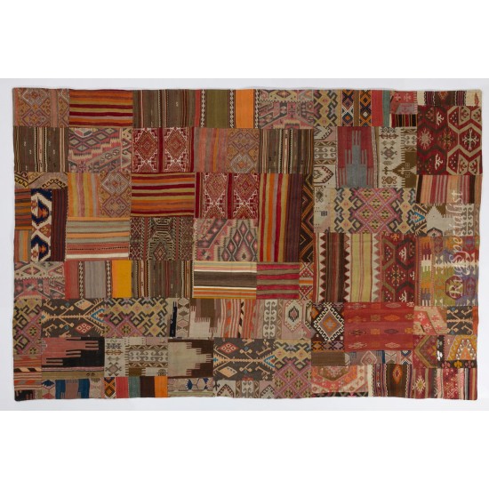 Handmade Central Anatolian Patchwork Kilim. Unique Design Rug. Geometric & Striped Pattern Carpet (Flat-Weave
