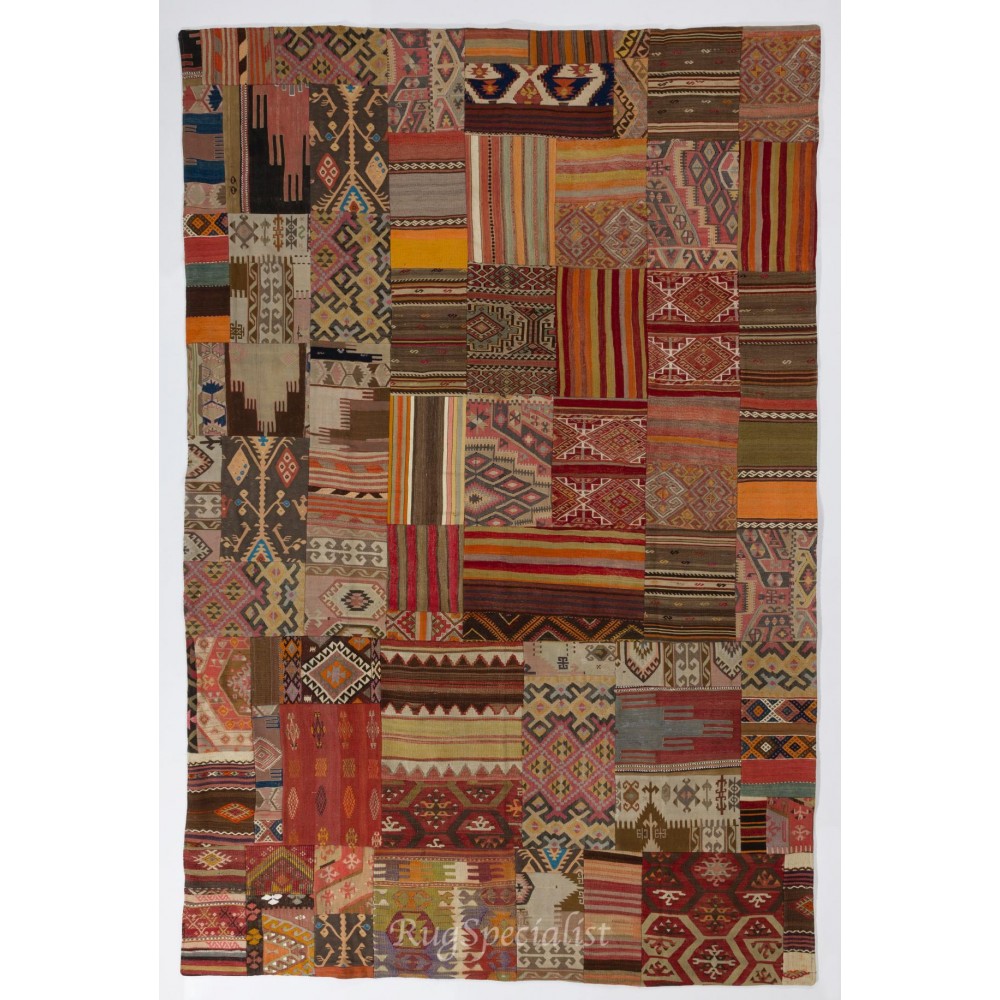 Handmade Turkish Patchwork Kilim Rug. Geometric & Striped Patterned Carpet (Flat-Weave)