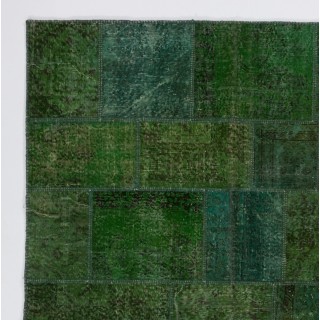 Hand-Knotted Green Patchwork Rug | Contemporary Overdyed Turkish Wool Carpet for Living Room, Bedroom and Dining Room