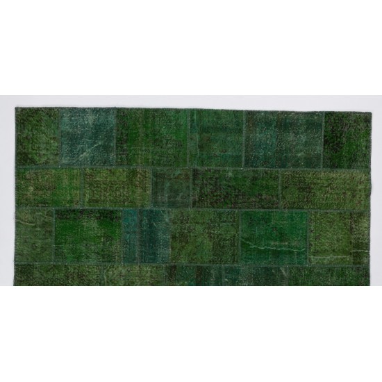 Modern Turkish Patchwork Rug in Shades of Green. Handmade from Re-Dyed Vintage Carpets