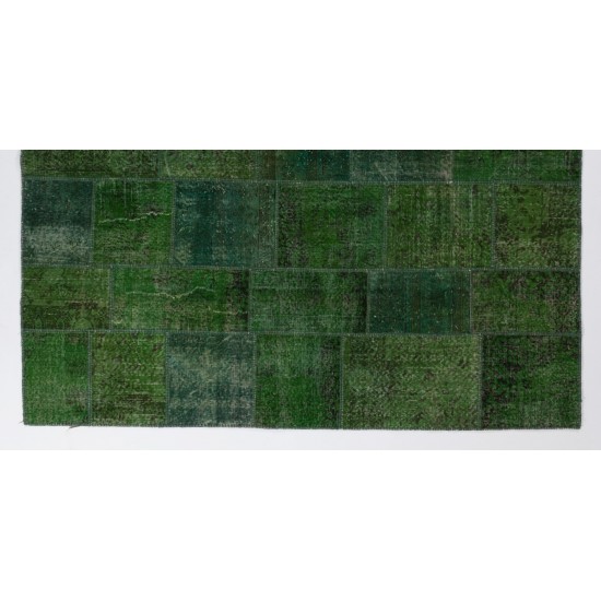 Green Color Handmade Patchwork Rug Made from Over-Dyed Vintage Carpets Green Color Handmade Patchwork Rug Made from Over-Dyed Vintage Carpets