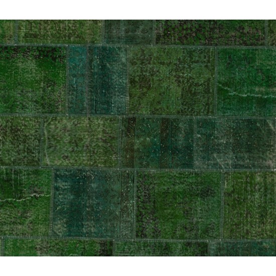 Green Color Handmade Patchwork Rug Made from Over-Dyed Vintage Carpets Green Color Handmade Patchwork Rug Made from Over-Dyed Vintage Carpets