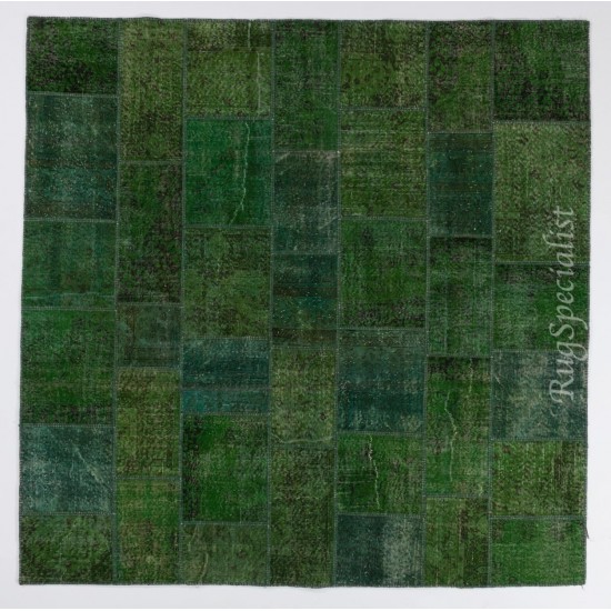 Modern Turkish Patchwork Rug in Shades of Green. Handmade from Re-Dyed Vintage Carpets