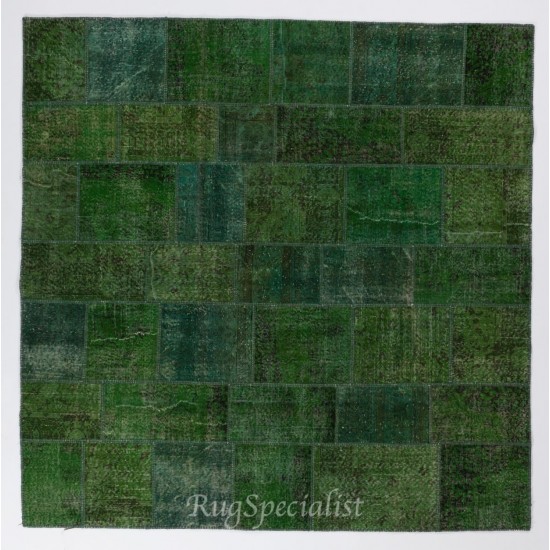 Green Color Handmade Patchwork Rug Made from Over-Dyed Vintage Carpets Green Color Handmade Patchwork Rug Made from Over-Dyed Vintage Carpets