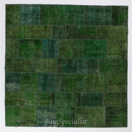 Modern Turkish Patchwork Rug in Shades of Green. Handmade from Re-Dyed Vintage Carpets