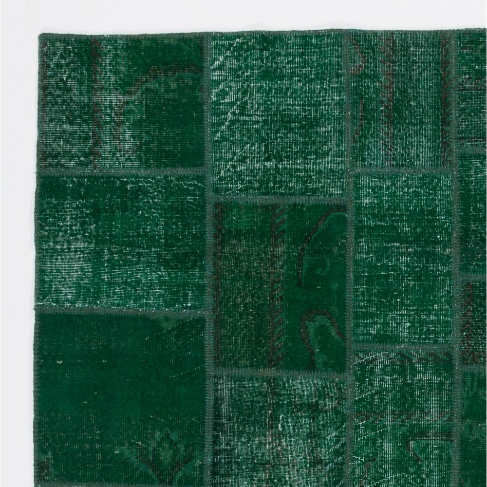Hand-Knotted Green Patchwork Rug | Contemporary Overdyed Turkish Wool Carpet for Living Room, Bedroom and Dining Room