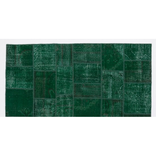 Handmade Patchwork Rug in Forest Green Colors, Hand Knotted Modern Wool and Cotton Carpet from Turkey