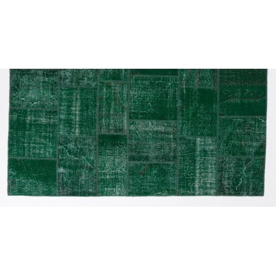 Handmade Patchwork Rug in Forest Green Colors, Hand Knotted Modern Wool and Cotton Carpet from Turkey
