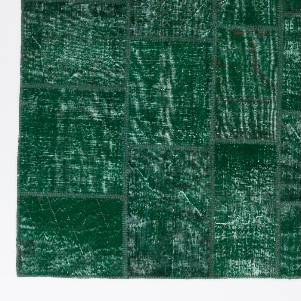 Hand-Knotted Green Patchwork Rug | Contemporary Overdyed Turkish Wool Carpet for Living Room, Bedroom and Dining Room