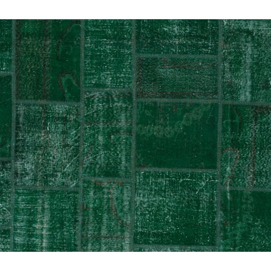 Handmade Patchwork Rug in Forest Green Colors, Hand Knotted Modern Wool and Cotton Carpet from Turkey