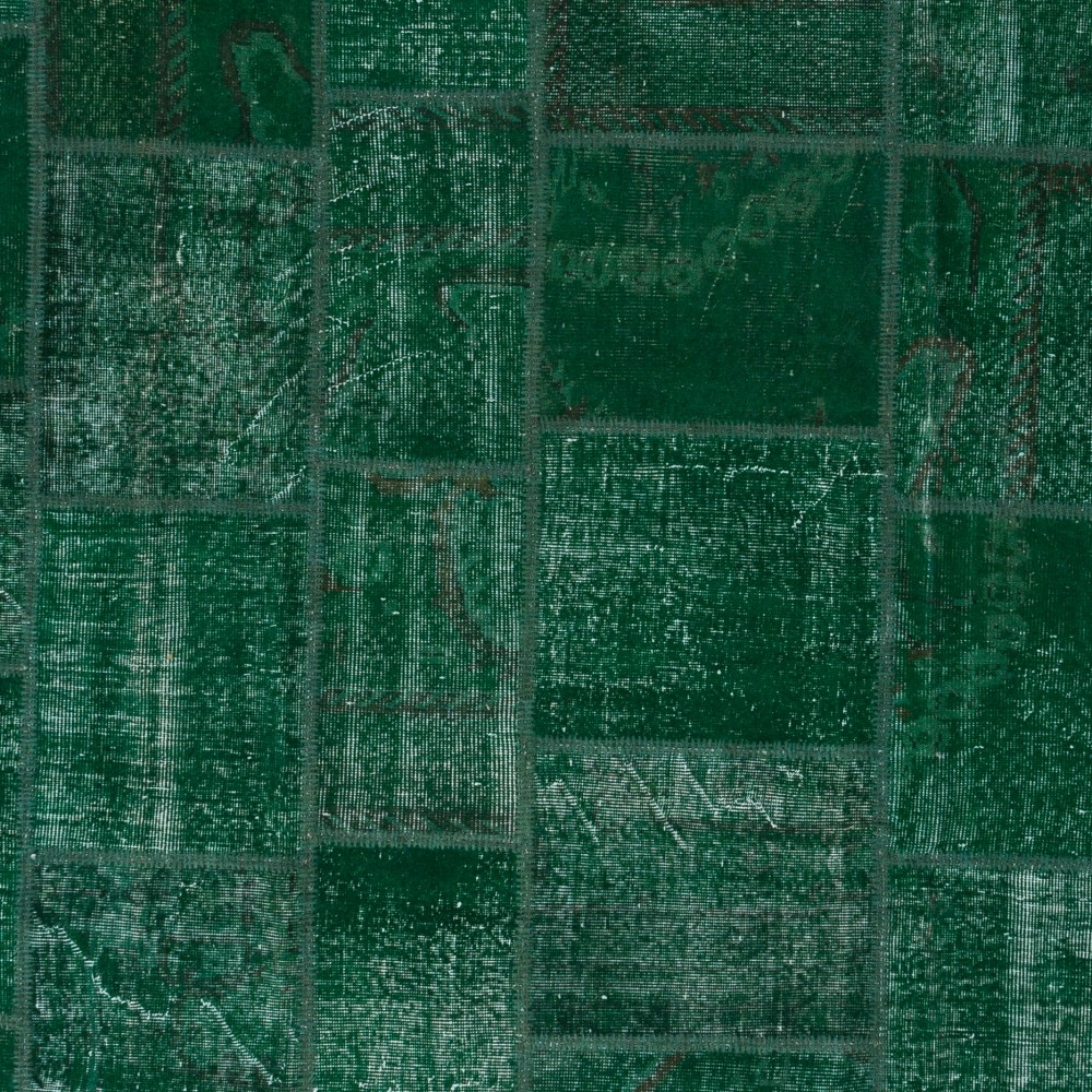 Hand-Knotted Green Patchwork Rug | Contemporary Overdyed Turkish Wool Carpet for Living Room, Bedroom and Dining Room