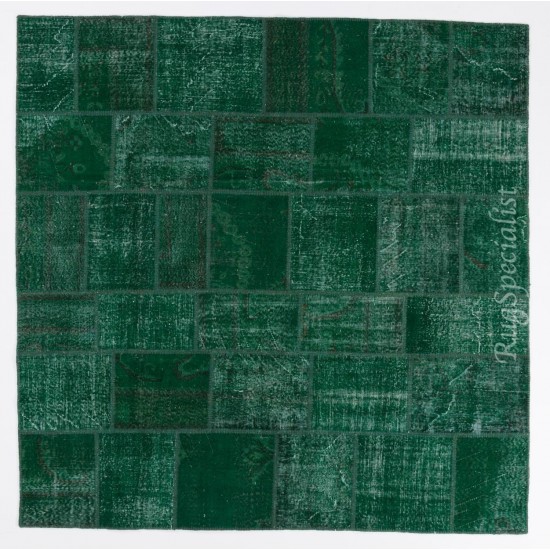 Handmade Patchwork Rug in Forest Green Colors, Hand Knotted Modern Wool and Cotton Carpet from Turkey